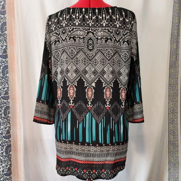 CATO Black Print Lightweight Tunic Boho Peasant Blouse Size M - Picture 3 of 4